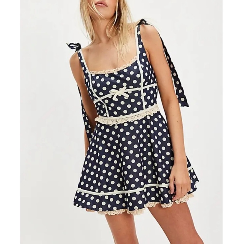 For Love and Lemons Dolly Denim Navy Polka Dot Dress - Picture 2 of 9